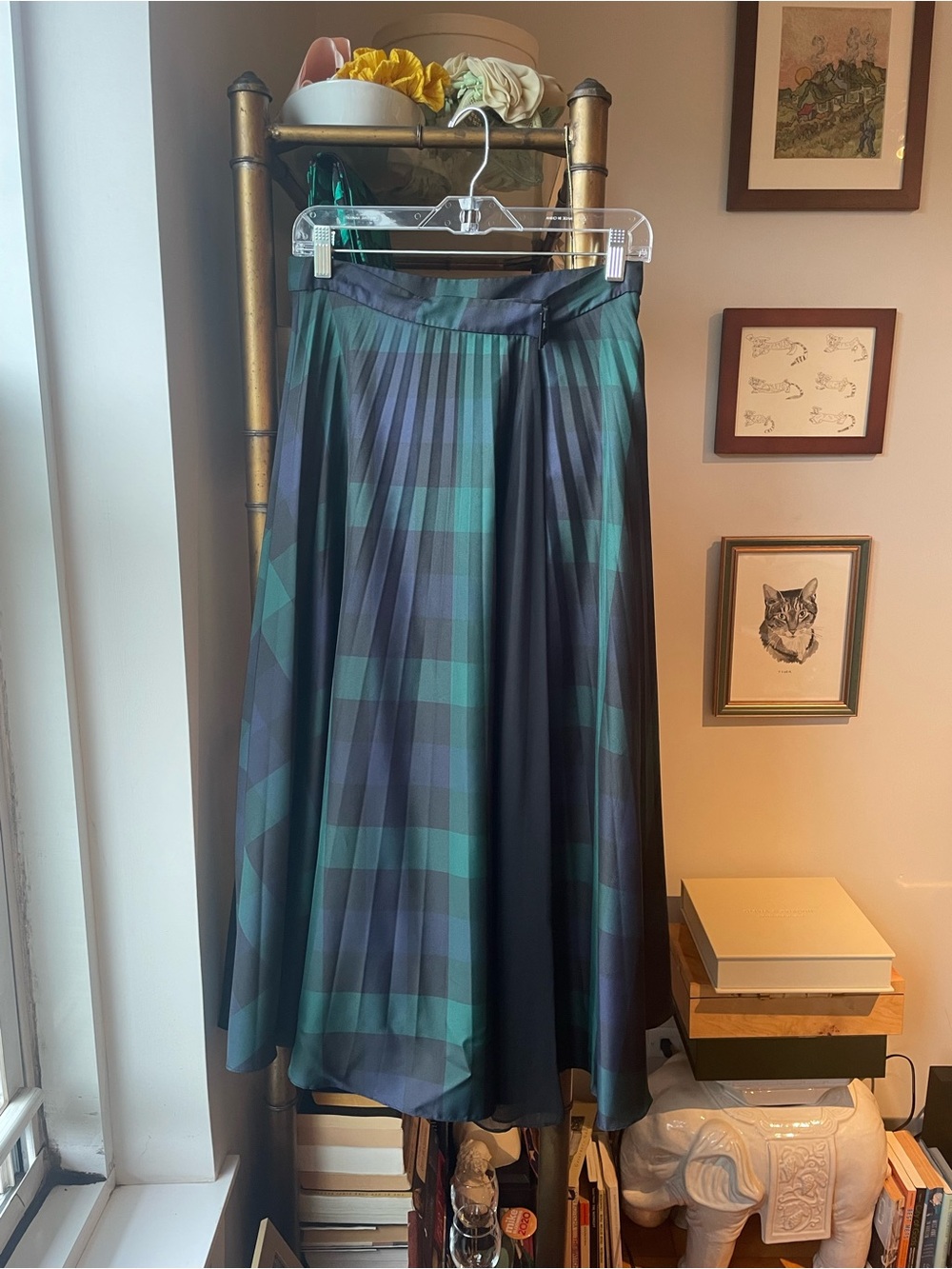 Sandro Green and Black Plaid Pleated Midi Skirt with Waist Tie Size 2 (FR) or M - Picture 4 of 5